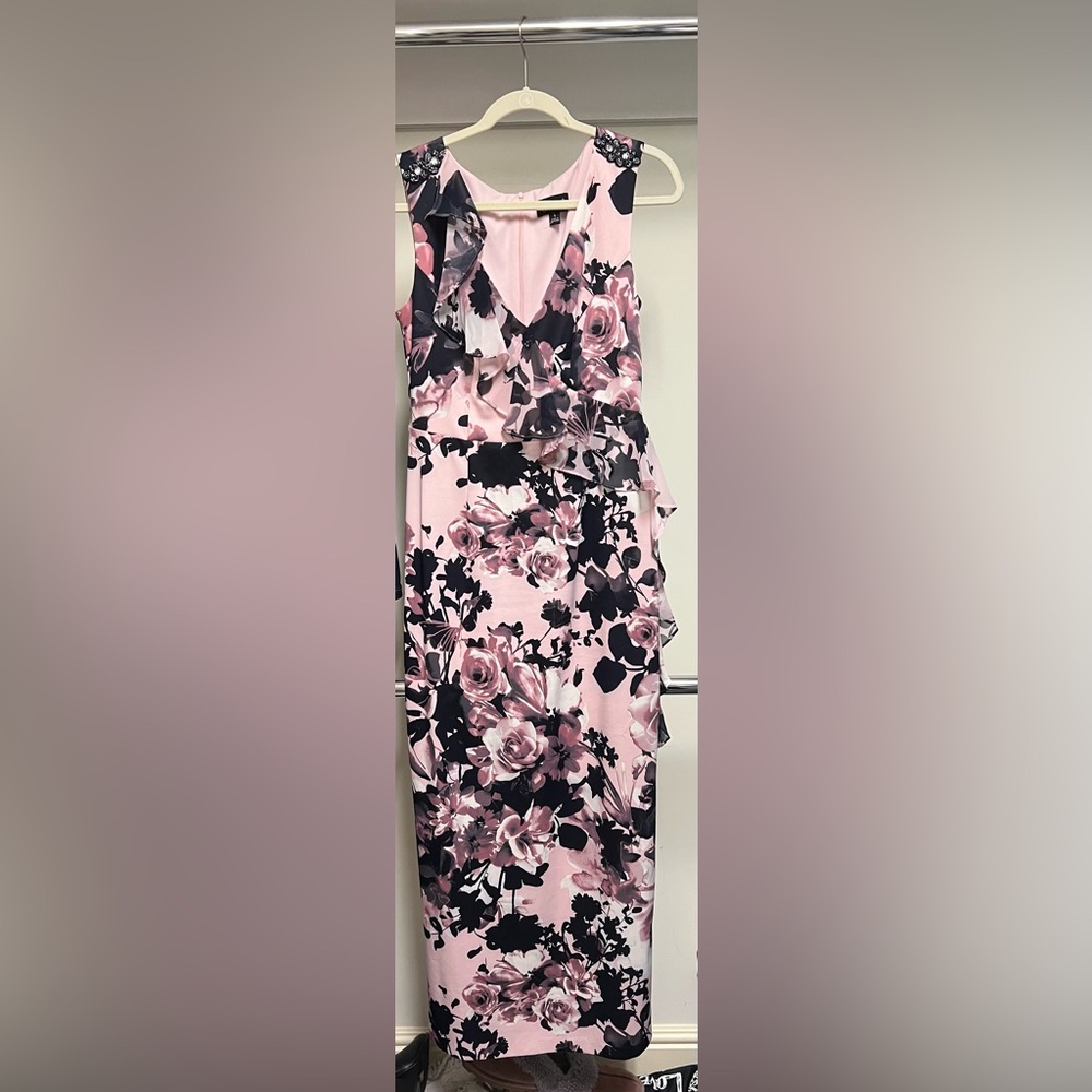 connected apparel Pink and Black Floral Ruffle Long Dress